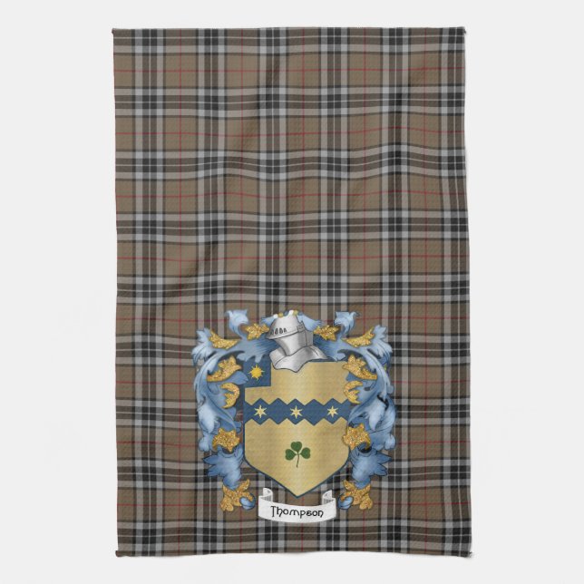 Thompson Family Crest and Hunting Tartan (Irish) Tea Towel (Vertical)
