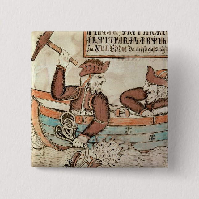 Thor fishing for the serpent of Midgard 15 Cm Square Badge (Front)