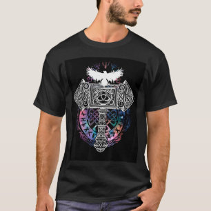 Thor Hammer Raven Mjölnir Runes Vikings Vegvisir V T-Shirt