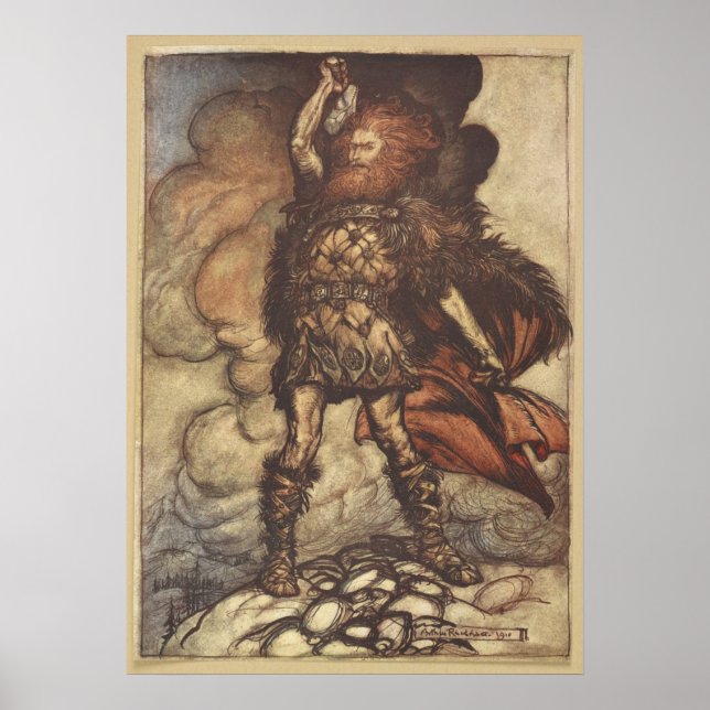 Thor Raises His Hammer Arthur Rackham Poster (Front)