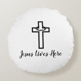 Thorn Cross Jesus Lives Here Throw Round Cushion