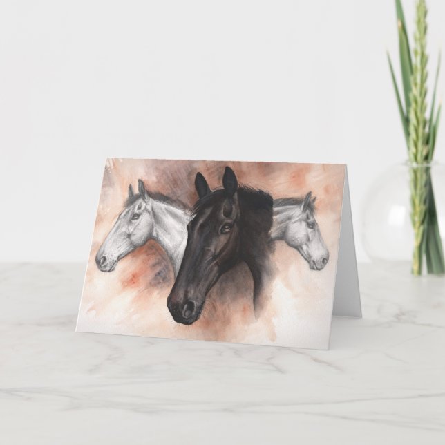 Thoroughbred Horses Drawn and Painted Holiday Card (Front)