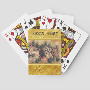 Thoroughbred horses running in a field playing cards
