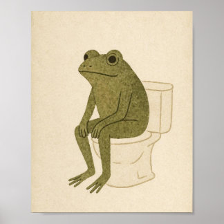 Thoughtful Frog Sitting on a Toilet Vintage Frog A Poster