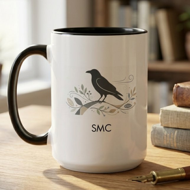 Thoughtful Nordic Raven Nature Lover Monogram Gift Mug (Nordic raven monogram mug)