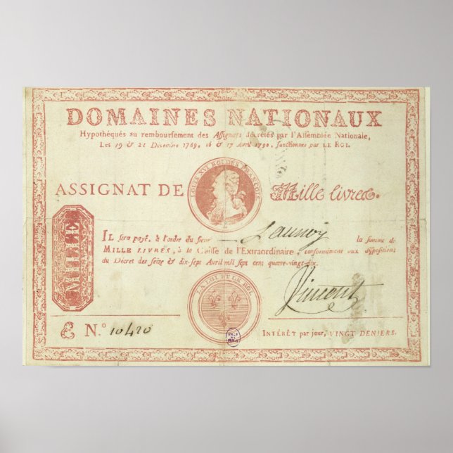 Thousand livre banknote with Louis XVI's Poster (Front)