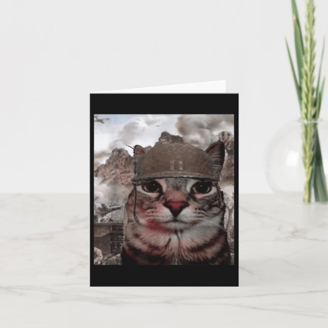 Thousand Yard Stare Funny Soldier Cat Meme In Batt Card (Front)