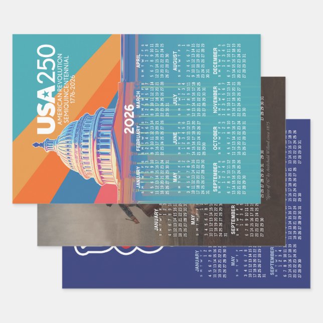 Three 2026 Calendars Celebrating USA 250 america's Wrapping Paper Sheet (Set)