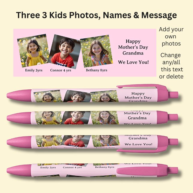 Three 3 Photos with Names & Message Pink on Black Blue Ink Pen (Creator Uploaded)