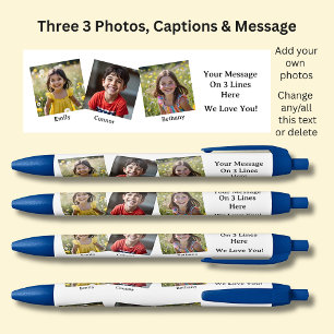 Three 3 Photos with Names & Message White on Blue Ink Pen