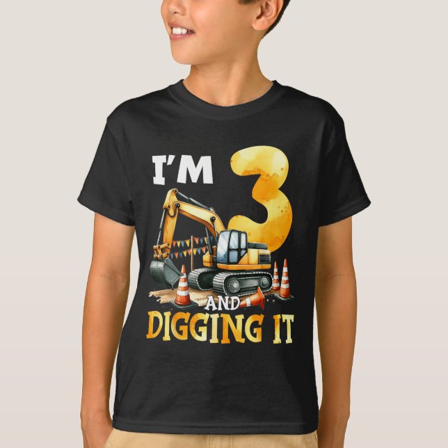Three 3yr 3rd Birthday Construction Boy 3 Years Ol T-Shirt (Front)