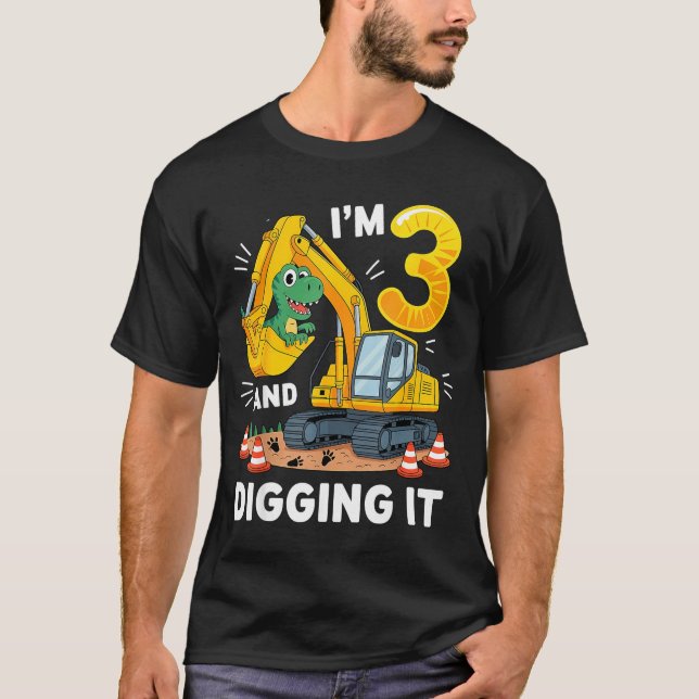 Three 3yr 3rd Birthday Construction Dinosaur Boy 3 T-Shirt (Front)