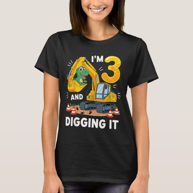 Three 3yr 3rd Birthday Construction Dinosaur Boy 3 T-Shirt (Front)