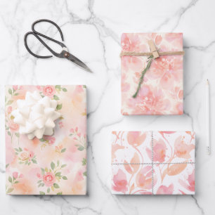Three Abstract Watercolor Peach Pink Patterns Wrapping Paper Sheet