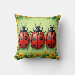 Three Adorable Ladybugs Surrounded by Flowers Cushion