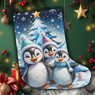 Three adorable penguins large christmas stocking