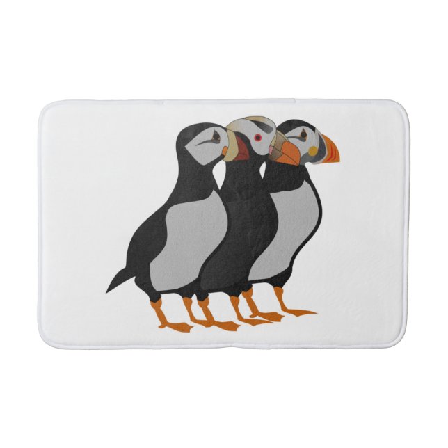 Three Adorable Puffin Standing Together Cartoon Bath Mat (Front)
