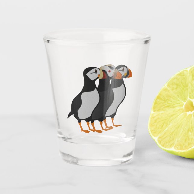 Three Adorable Puffin Standing Together Cartoon Shot Glass (Front)