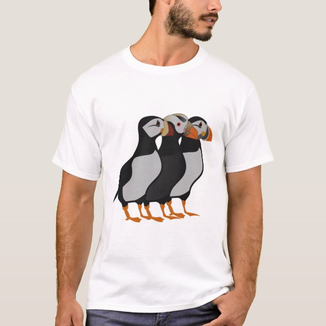 Three Adorable Puffin Standing Together Cartoon T-Shirt (Front)