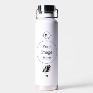 Three Adorable Puffin Standing Together Cartoon Water Bottle