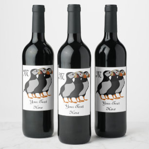 Three Adorable Puffin Standing Together Cartoon Wine Label