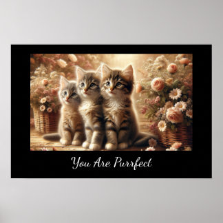 Three Adorable Tabby Kittens with Flowers Poster