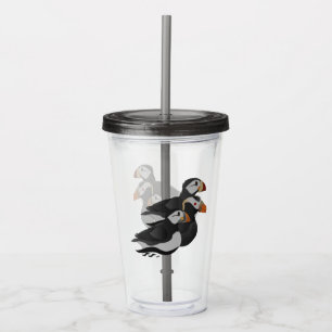 Three Adorably Friendly Puffins Swimming Cartoon Acrylic Tumbler