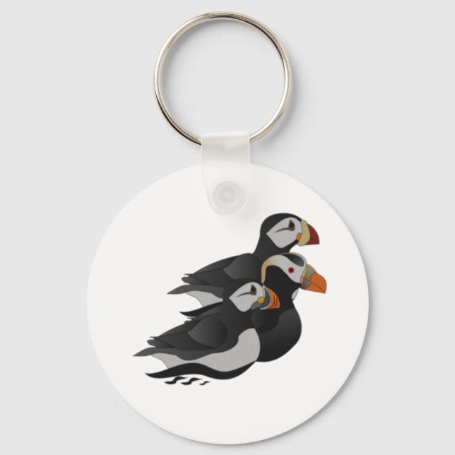 Three Adorably Friendly Puffins Swimming Cartoon Key Ring (Front)