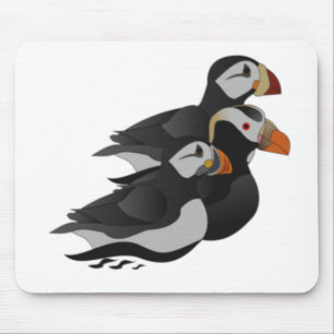 Three Adorably Friendly Puffins Swimming Cartoon Mouse Pad