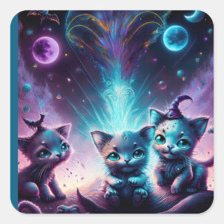 Three Alien Kittens In An Otherworldly Setting Square Sticker