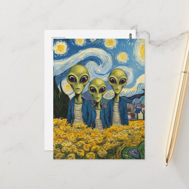 Three Aliens by Faux Van Gogh AI Art Postcard (Front/Back In Situ)