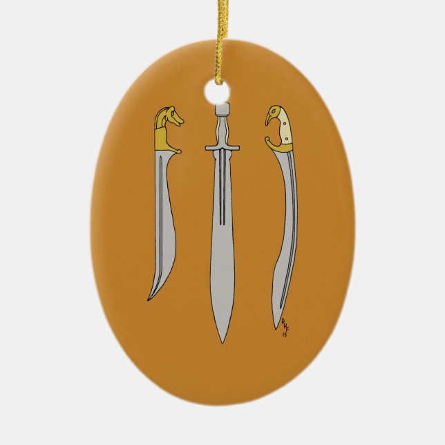 Three Ancient Greek Swords Ceramic Tree Decoration (Front)