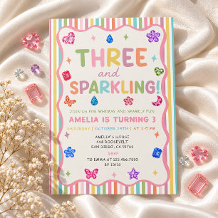 Three And Sparkling Whimsical Girl Birthday Party Invitation