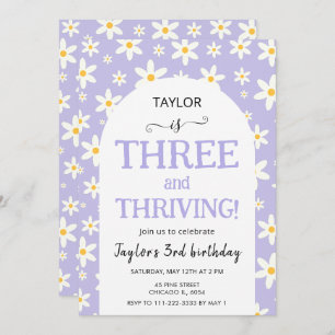 THREE and Thriving Purple Daisy 3rd Birthday Invitation