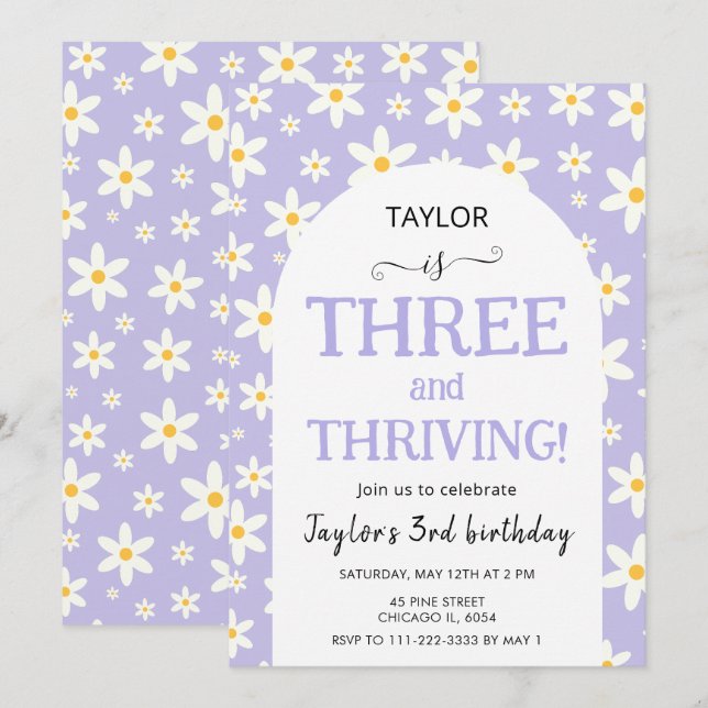 THREE and Thriving Purple Daisy 3rd Birthday Invitation (Front/Back)