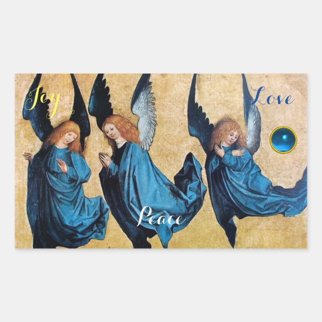 THREE ANGELS IN BLUE / Joy Peace Love Rectangular Sticker (Front)