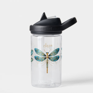 Three Aqua and Gold Whimsical Dragonfly Water Bottle