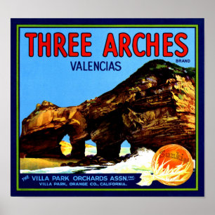 Three Arches Valencia Oranges Fruit Crate Label Poster