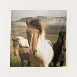 THREE ASSORTED-COLOR HORSES RUNNING AWAY FROM A MO TAPESTRY