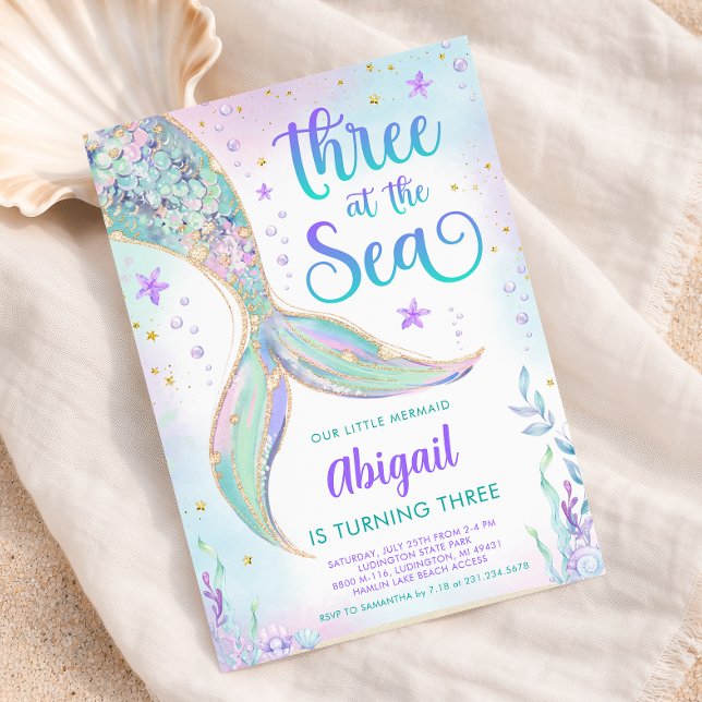 Three at the Sea Mermaid 3rd Birthday Invitation (Three at the Sea Mermaid 3rd Birthday Invitation
)