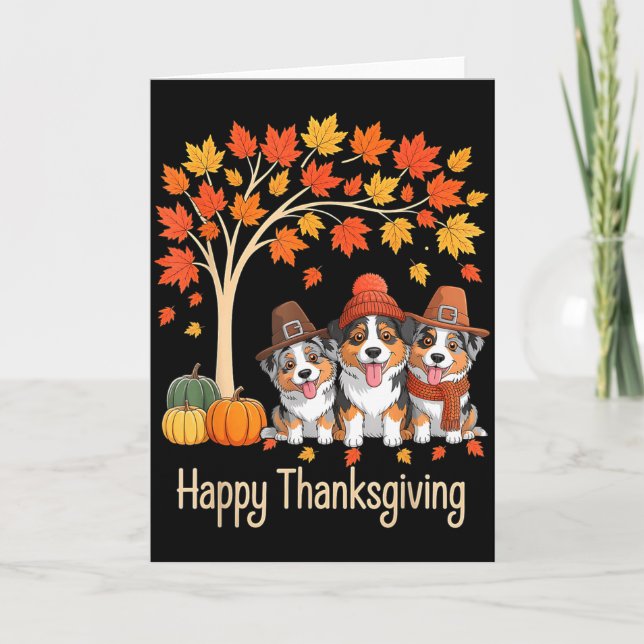 Three Australian Shepherd Dogs Fall Tree Happy Tha Card (Front)