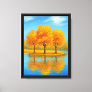 Three Autumn Trees by Blue Lake Reflection Canvas Print