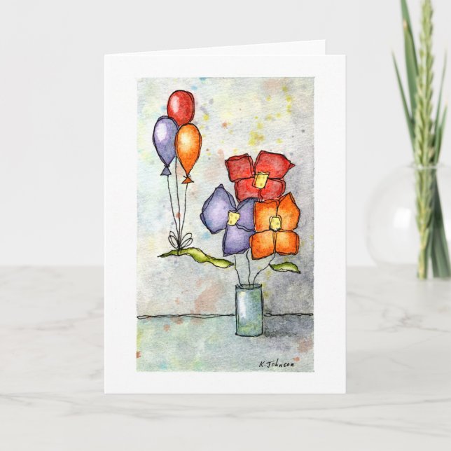 Three Balloon Flowers Watercolor Greeting Card (Front)