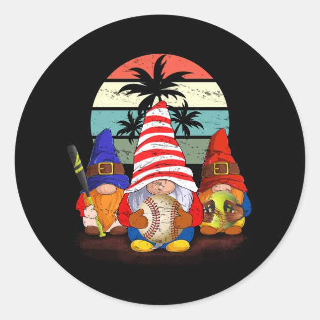 Three Baseball Gnomes Softball Gnome Funny Sport B Classic Round Sticker (Front)