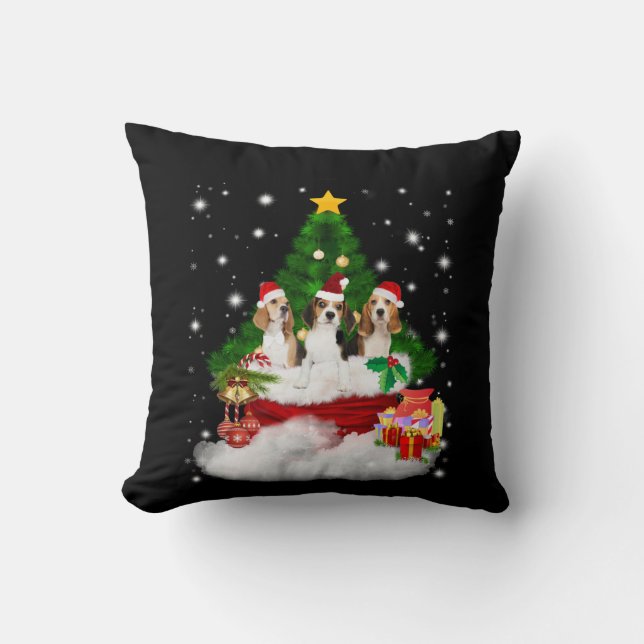 Three Beagles Santa Claus With Christmas Tree Cushion (Front)