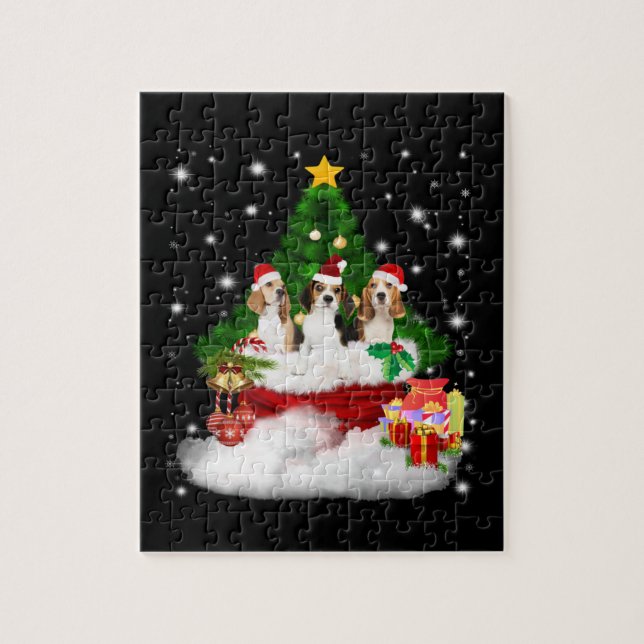Three Beagles Santa Claus With Christmas Tree Jigsaw Puzzle (Vertical)