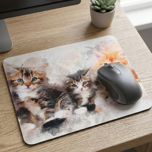 Three beautiful and cute kittens watercolor mouse pad