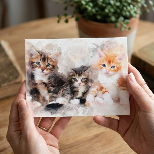 Three beautiful and cute kittens watercolor postcard