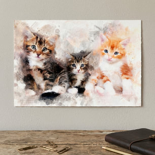Three beautiful and cute kittens watercolor poster
