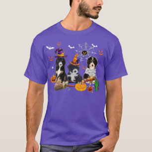 Three Bernedoodle Dogs Witch Halloween Mummy Scary T-Shirt